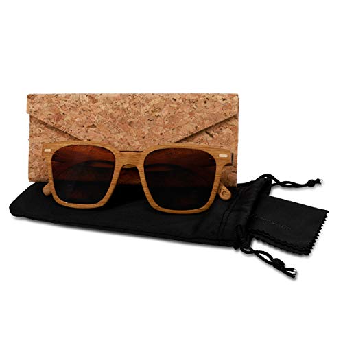 Navaris Gafas de sol de madera con filtro UV - Marco de madera multicapa - Lentes polarizadas grises - Estuche de corcho - Gafas de sol retro unisex