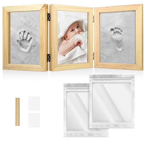 Navaris Kit para huellas de bebé - Marco de fotos de madera con arcilla para imprimir huella del pie y mano de recién nacido - Set 3D para regalo