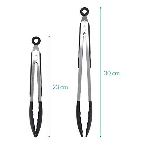 Navaris Pinzas de Cocina de Silicona y Acero Inoxidable - Juego de 2 tenazas para freír Barbacoa o Servir Comida - 23CM y 30CM con Bloqueo