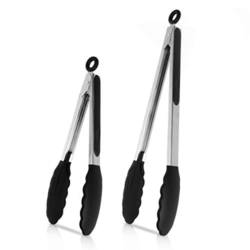 Navaris Pinzas de Cocina de Silicona y Acero Inoxidable - Juego de 2 tenazas para freír Barbacoa o Servir Comida - 23CM y 30CM con Bloqueo