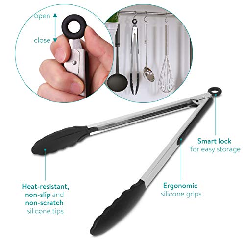 Navaris Pinzas de Cocina de Silicona y Acero Inoxidable - Juego de 2 tenazas para freír Barbacoa o Servir Comida - 23CM y 30CM con Bloqueo
