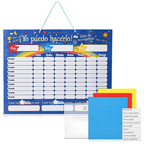 Navaris Pizarra de recompensa para niños - Tabla magnética para Dar premios por Buen Comportamiento - Calendario con rotulador 250 imanes - Español