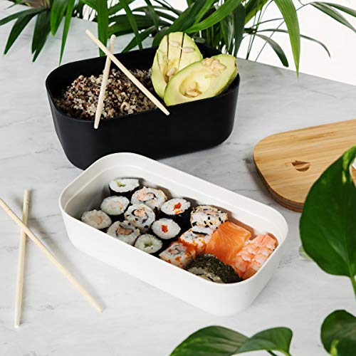 Navaris Recipiente hermético de Comida - Fiambrera Estilo bento con Tapa de bambú - Contenedor ecológico para Colegio o Trabajo en Negro 1100ML