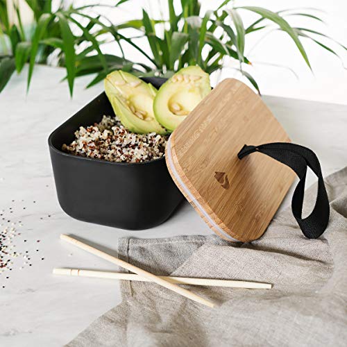 Navaris Recipiente hermético de Comida - Fiambrera Estilo bento con Tapa de bambú - Contenedor ecológico para Colegio o Trabajo en Negro 1100ML