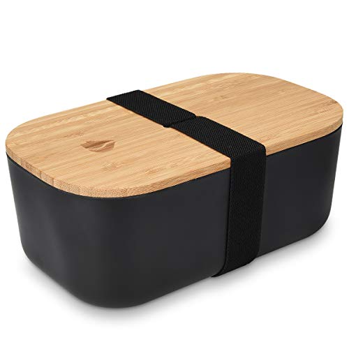 Navaris Recipiente hermético de Comida - Fiambrera Estilo bento con Tapa de bambú - Contenedor ecológico para Colegio o Trabajo en Negro 1100ML