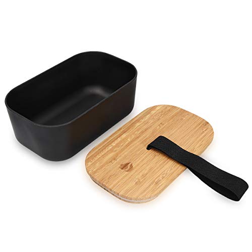 Navaris Recipiente hermético de Comida - Fiambrera Estilo bento con Tapa de bambú - Contenedor ecológico para Colegio o Trabajo en Negro 1100ML