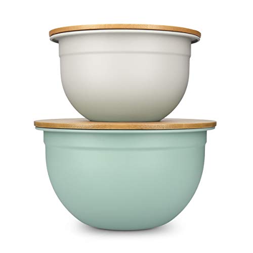 Navaris Set de 2 Cuencos de Metal - Juego de Boles con Tapas de Madera para Preparar Servir y almacenar Comida y Ensalada - 1.4 y 2.8 L