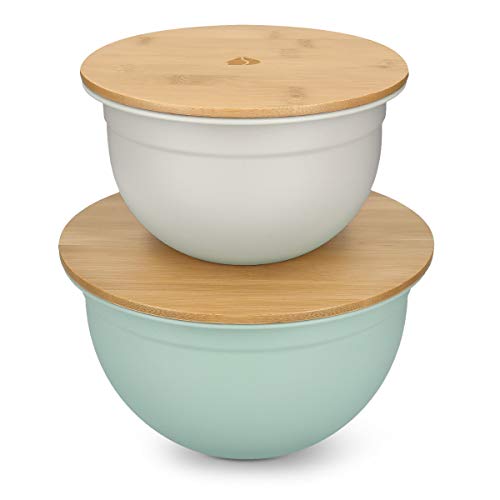 Navaris Set de 2 Cuencos de Metal - Juego de Boles con Tapas de Madera para Preparar Servir y almacenar Comida y Ensalada - 1.4 y 2.8 L