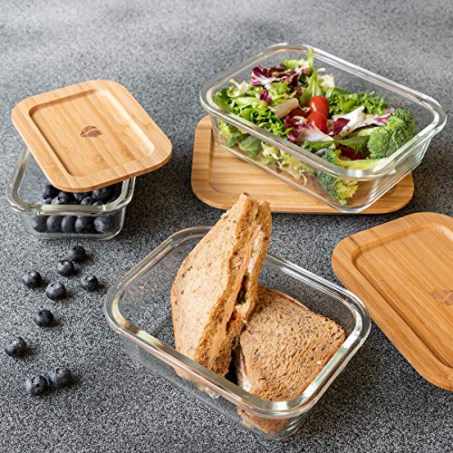 Navaris Set de 3 fiambreras de Cristal con Tapa de bambú - 3X Recipientes Variados para Horno microondas congelador y lavavajillas