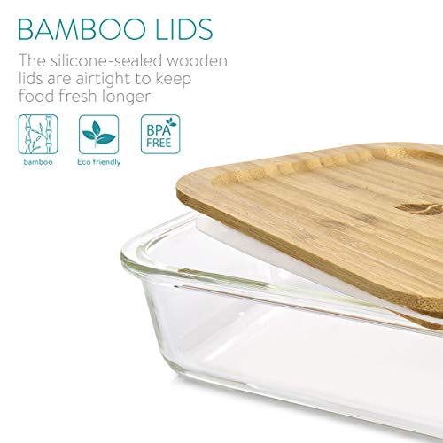 Navaris Set de 3 fiambreras de Cristal con Tapa de bambú - 3X Recipientes Variados para Horno microondas congelador y lavavajillas