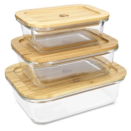 Navaris Set de 3 fiambreras de Cristal con Tapa de bambú - 3X Recipientes Variados para Horno microondas congelador y lavavajillas
