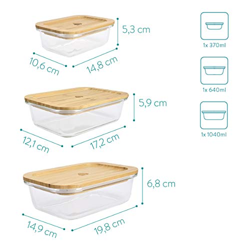 Navaris Set de 3 fiambreras de Cristal con Tapa de bambú - 3X Recipientes Variados para Horno microondas congelador y lavavajillas