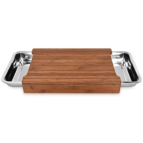 Navaris Tabla de cortar con bandejas - Tabla de cocina con recipientes para migas - Tabla de bambú con recogedor deslizante de metal de desperdicios
