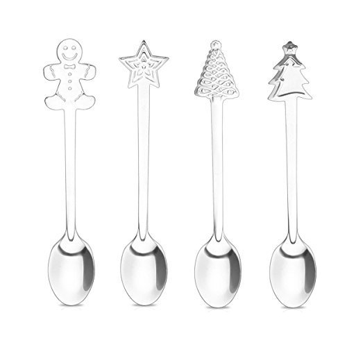 Navidad estilo 4 piezas Vajilla de cocina cuchara de postre, de acero inoxidable cuchara de café, bar de comedor pequeño degustación vajilla Cucharillas de té café azúcar hielo crema cuchara