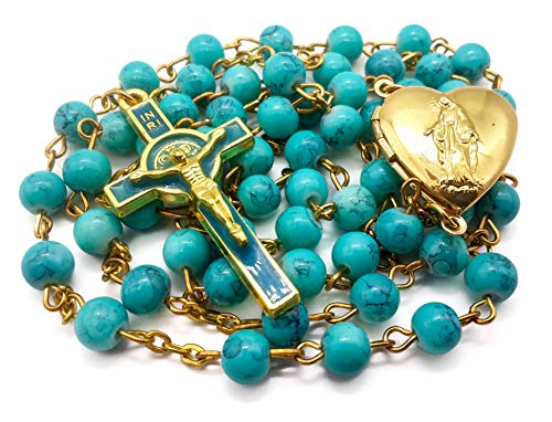 Nazareth Store - Collar de rosario católico de San Benito, turquesa, con medallón de corazón y cruz en bolsa de terciopelo