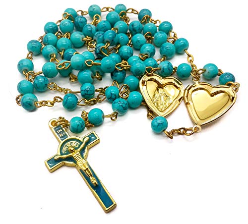 Nazareth Store - Collar de rosario católico de San Benito, turquesa, con medallón de corazón y cruz en bolsa de terciopelo