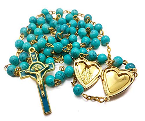 Nazareth Store - Collar de rosario católico de San Benito, turquesa, con medallón de corazón y cruz en bolsa de terciopelo