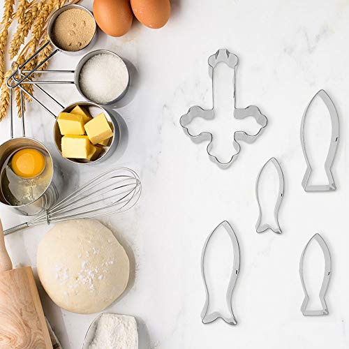 N/D Femongy Moldes Galletas Juego, Cookie Cutters Molde, 6 Piezas Acero Inoxidable Cortador de Galletas de Pescado y Cortador de Pastel Cruzado para Fondant, Comunión, Confirmación, Bautizo (Plata)
