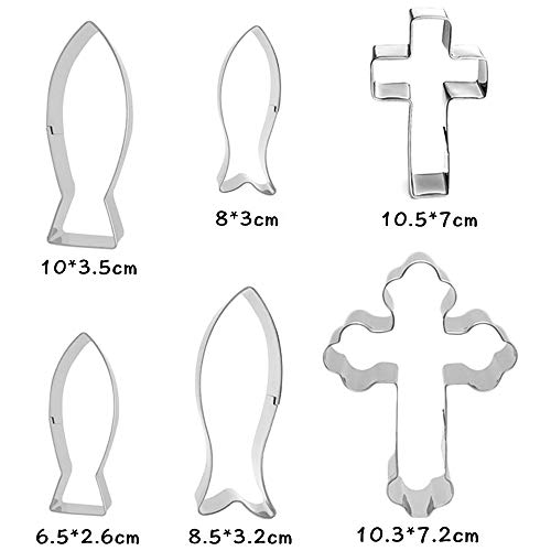 N/D Femongy Moldes Galletas Juego, Cookie Cutters Molde, 6 Piezas Acero Inoxidable Cortador de Galletas de Pescado y Cortador de Pastel Cruzado para Fondant, Comunión, Confirmación, Bautizo (Plata)