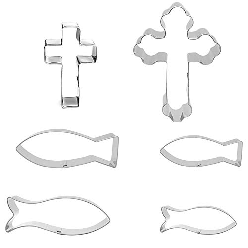 N/D Femongy Moldes Galletas Juego, Cookie Cutters Molde, 6 Piezas Acero Inoxidable Cortador de Galletas de Pescado y Cortador de Pastel Cruzado para Fondant, Comunión, Confirmación, Bautizo (Plata)