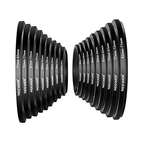 Neewer 18-pieza Kit de Adaptador de Anillo de Filtro de Metal para Cámara: 9-pieza Step-up Anillo Set y 9-pieza Step-down Anillo Set para Canon Nikon Sony Olympus Cámara DSLR, Negro