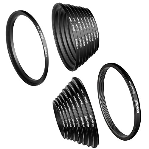 Neewer 18-pieza Kit de Adaptador de Anillo de Filtro de Metal para Cámara: 9-pieza Step-up Anillo Set y 9-pieza Step-down Anillo Set para Canon Nikon Sony Olympus Cámara DSLR, Negro