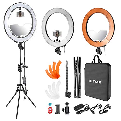 Neewer LED Anillo Luz 18 Pulgadas Diámetro Exterior 55W 5500K con Superior/Inferior Dual Zapata Caliente Espejo Soporte para Smartphone Soporte de Luz Tubo Flexible Filtro Color(Enchufe EE.UU./UE)