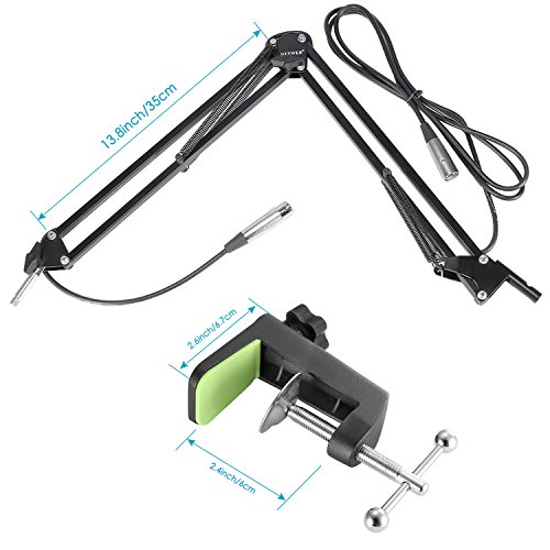 Neewer Pack de NW-35 Soporte de micrófono de brazo suspensión de tijera con montaje de cable de XLR macho a hembra, soporte de metal, montaje de mesa abrazadera y filtro Pop