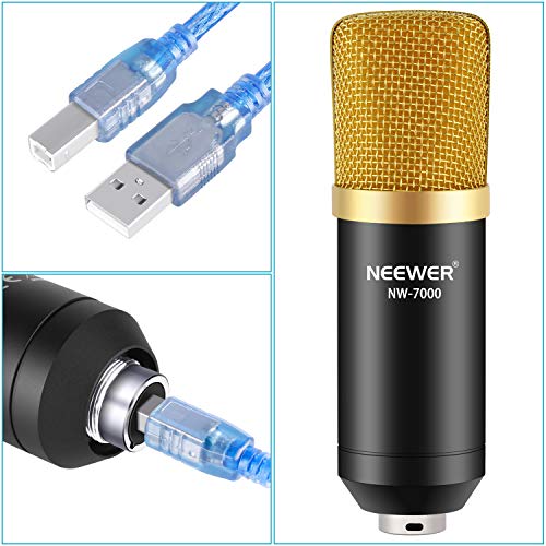 Neewer Profesional NW-7000 USB Micrófono de Condensador Estudio y NW-35 Brazo de Tijera de Suspensión con Montura Contra Choque y Kit de Abrazadera de Montaje de Mesa para Difusión y Grabación (Negro)
