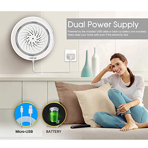 Neo Sensor de Alarma WiFi, Tuya/Smart Life App, Alarma de 100dB, 18 Tonos de Llamada de Alarma, Conexión Fácil de 2.4GHz WiFi, Sensor de Temperatura y Humedad WiFi, Compatible con Alexa Google Home