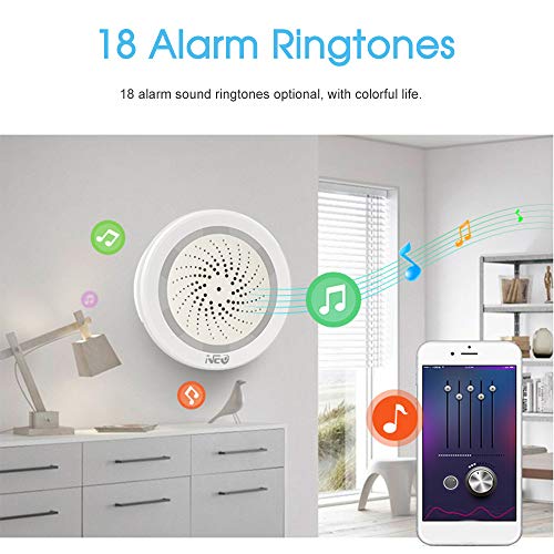 Neo Sensor de Alarma WiFi, Tuya/Smart Life App, Alarma de 100dB, 18 Tonos de Llamada de Alarma, Conexión Fácil de 2.4GHz WiFi, Sensor de Temperatura y Humedad WiFi, Compatible con Alexa Google Home