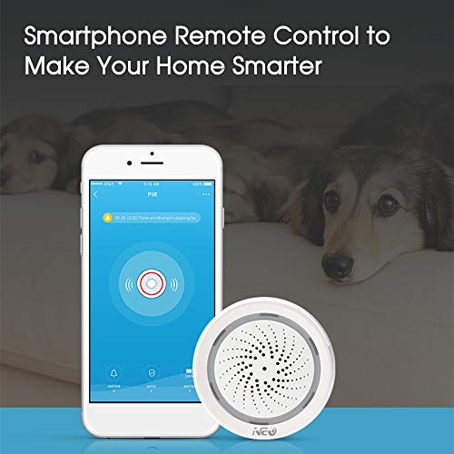 Neo Sensor de Alarma WiFi, Tuya/Smart Life App, Alarma de 100dB, 18 Tonos de Llamada de Alarma, Conexión Fácil de 2.4GHz WiFi, Sensor de Temperatura y Humedad WiFi, Compatible con Alexa Google Home