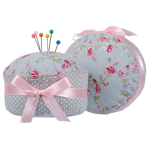 neoviva Floral con revestimiento de tela acolchada Pin Cojín en forma de cupcake con lazo de satén nudo para almacenamiento de aguja larga, tela, Floral Blue Ocean, 8.5(L)x8.5(W)x5(H) CM