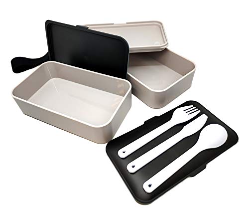NERTHUS FIH 415 Lunch Box hermético Doble con Cubiertos, Blanco y Negro, Única