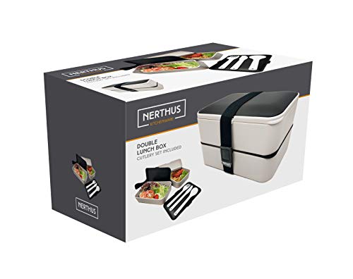NERTHUS FIH 415 Lunch Box hermético Doble con Cubiertos, Blanco y Negro, Única