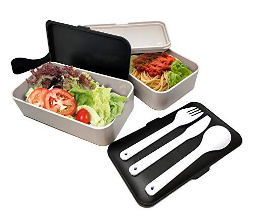 NERTHUS FIH 415 Lunch Box hermético Doble con Cubiertos, Blanco y Negro, Única