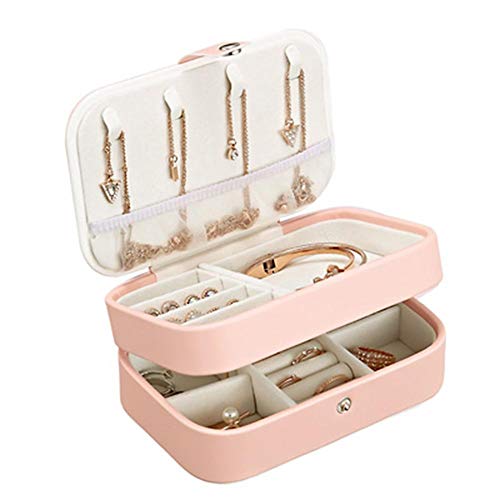 Nesrunx Caja de Almacenamiento de Pendientes 2 Capas Vitrina de joyería de Cuero PU (Rosa Claro)