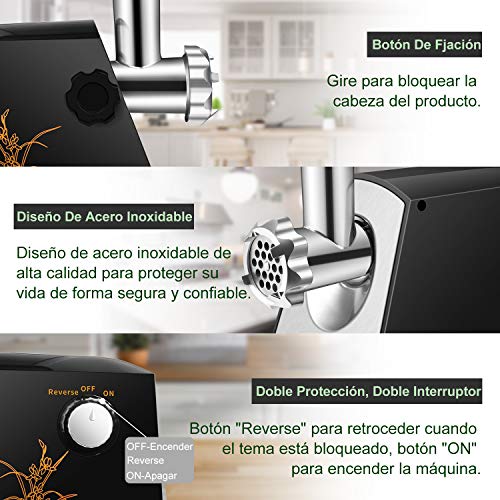 Nestling® Multifunción Doméstica y ComercialPicadora de Carne Eléctrica y Embutidora de Salchichas, con Accesorio de Kibbe Placas de Molienda,Motor de Cobre, Acero Inoxidable (Negro)
