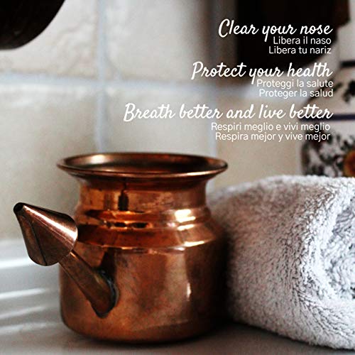 Neti Pot en Cobre para Limpiar y Desinfectar las fosas nasales - 250 ml - Práctica Ayurvédica - Jala Neti Hatha Yoga - para el drenaje de los senos frontales y para limpiar las vías respiratorias