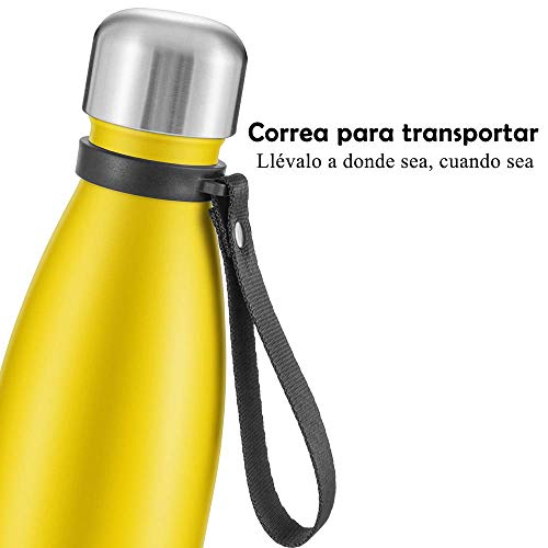 Newdora Botella de Agua Acero Inoxidable 500ml, Aislamiento de Vacío de Doble Pared, Botellas de Frío/Caliente, con 1 un Cepillo de Limpieza, para Niños, Deporte, Oficina, Gimnasio, Amarillo