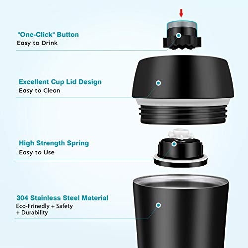 Newdora Termo Café, Vaso Termico Cafe de 380ml con Tapa, Botella Acero Inoxidable Agua para Viajes Oficina en casa Escuela Trabajos Camping（Negro）