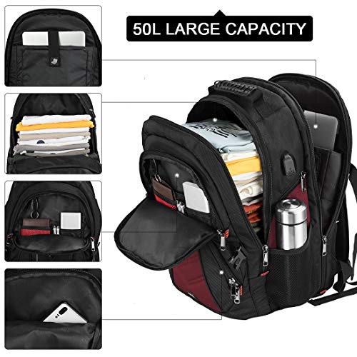 NEWHEY Mochila Portatil 18.4 Pulgadas Hombre con Puerto de USB Grande Mochila para Portátil 17 Pulgadas Impermeable Viaje Negocio Universidad Negro (Rojo - 18.4Pulgadas)