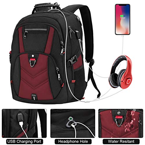 NEWHEY Mochila Portatil 18.4 Pulgadas Hombre con Puerto de USB Grande Mochila para Portátil 17 Pulgadas Impermeable Viaje Negocio Universidad Negro (Rojo - 18.4Pulgadas)