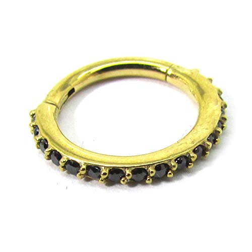 NewkeepsR 16G 10mm (3/8 pulg) Anodizado de Oro 316L Acero con bisagra Segmento Clicker Segmento Anillo de cartílago Conjunto de pavimento Superior Redondeado con Cristal Negro Zirconia