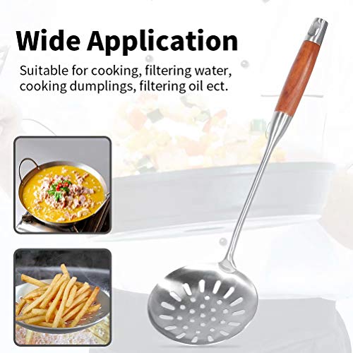 Newness Espumadera de Cocina, 39.5 cm Espumadera con Colador de 304 Acero Inoxidable, con Mango de Madera Ergonómica del Vacío, Cocina Cuchara del Colador