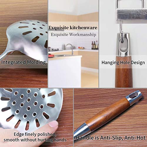 Newness Espumadera de Cocina, 39.5 cm Espumadera con Colador de 304 Acero Inoxidable, con Mango de Madera Ergonómica del Vacío, Cocina Cuchara del Colador