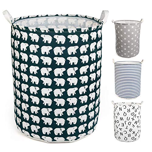 NEWSTYLE Cesto para la Colada,Plegable Cestas de Ropa Impermeable Algodón de Lino Bolsas Almacenamiento para Colada Tela Grande Cestos con Asa Cordón para Juguete Ropa Sucia (Dark Green Bear)