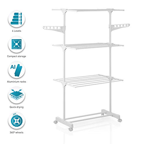 Newteck Tendedero de Ropa Vertical de plástico Ruedas y 4 Niveles Dobles. Tendedero Plegable y Extensible para Interiores y Exteriores, con Soporte para artículos pequeños y 15 Metros de tendedero.
