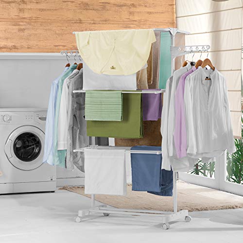 Newteck Tendedero de Ropa Vertical de plástico Ruedas y 4 Niveles Dobles. Tendedero Plegable y Extensible para Interiores y Exteriores, con Soporte para artículos pequeños y 15 Metros de tendedero.