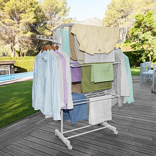 Newteck Tendedero de Ropa Vertical de plástico Ruedas y 4 Niveles Dobles. Tendedero Plegable y Extensible para Interiores y Exteriores, con Soporte para artículos pequeños y 15 Metros de tendedero.